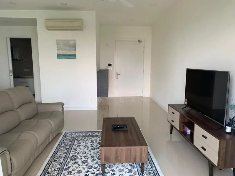 Living features: 3-seater leather sofa in beige, wood coffee table, wall-mounted TV, TV console with drawers, area rug with geometric pattern, recessed downlights, 1 wall-mounted split AC, white painted walls, glossy tile flooring, ceiling fan; style: modern. Room features: white painted walls, glossy tile flooring, door leading to hallway, door leading to kitchen.