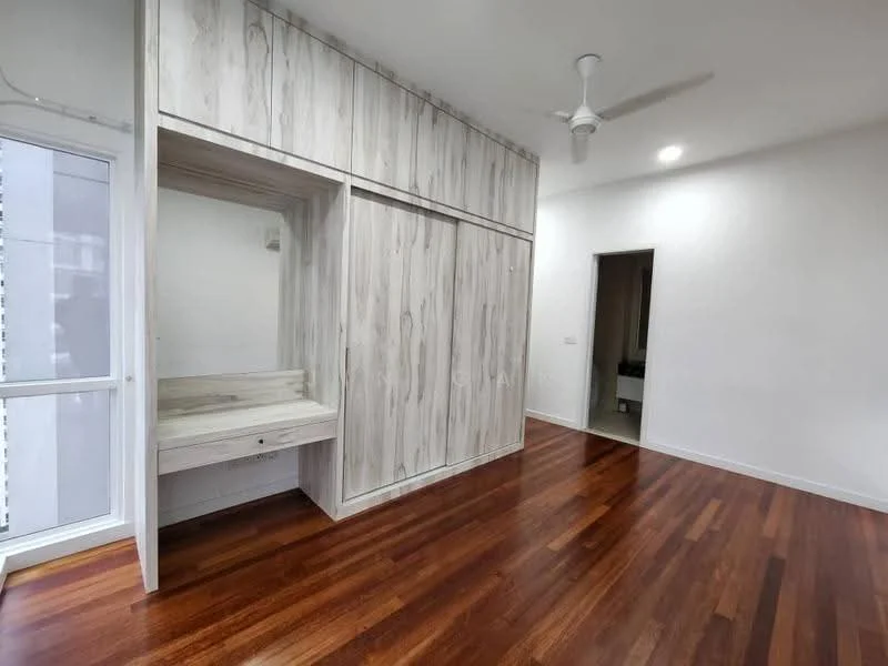 Room features: wooden flooring, white painted walls, built-in wardrobe with wood finish, vanity area with mirror, ceiling fan, recessed downlights, large window with natural light, doorway leading to another room; style: modern.