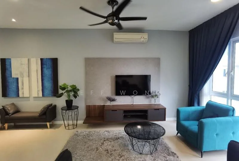 Living features: 5-blade ceiling fan with light, wall-mounted TV, wood TV console, black coffee table, area rug, 2-seater fabric sofa in dark grey, 1-seater fabric sofa in teal, decorative wall art, floor-to-ceiling windows with sheer curtains, air conditioning unit; style: modern.