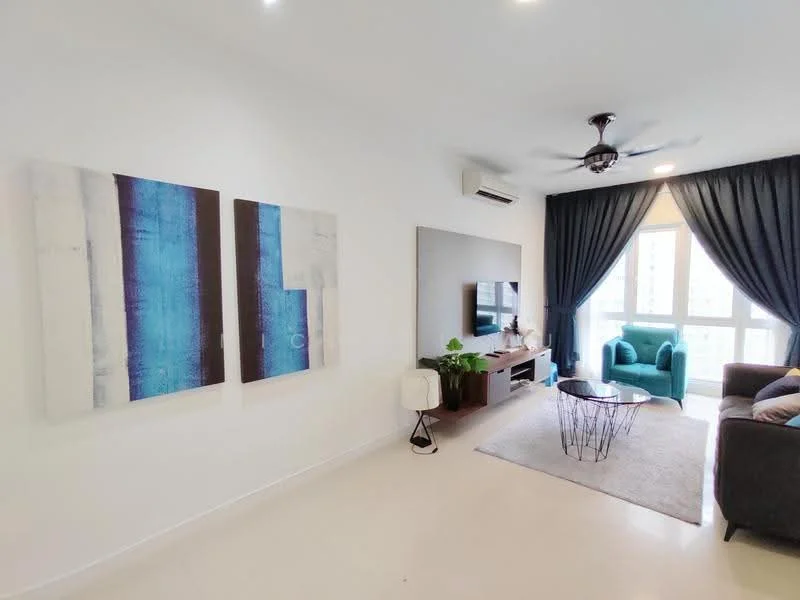 Living features: white painted walls, light-colored flooring, 5-blade ceiling fan with light, sofa in grey fabric, coffee table with wireframe design, TV console, wall-mounted TV, decorative artwork with blue tones, curtains in dark fabric, potted plant, area rug with neutral color; style: modern; view: city.