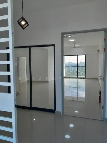 Room features: white painted walls, glossy tile flooring, ceiling fan, sliding glass door, floor-to-ceiling windows, recessed downlights, open layout, natural light; style: modern; view: city.
