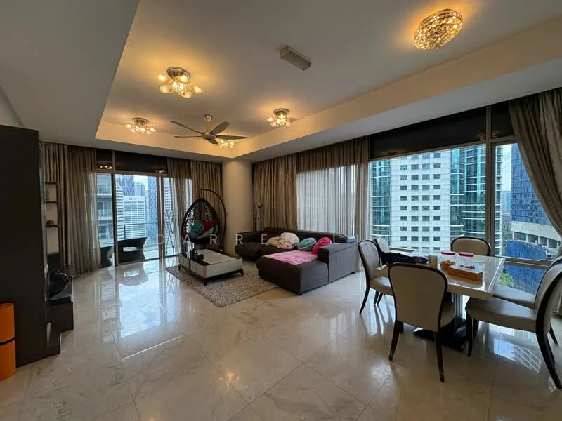 Living features: marble tile flooring, 5-blade ceiling fan with light, recessed downlights, floor-to-ceiling windows, grey fabric sofa, coffee table, area rug, dining table with upholstered chairs, hanging chair, curtains, decorative wall art; style: modern; view: city.