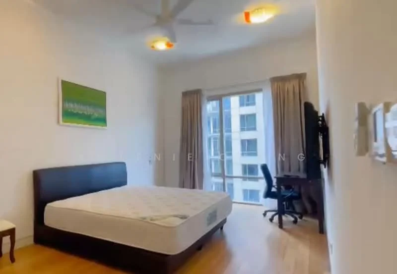 Bedroom features: queen-size bed, wooden bed frame, 2 ceiling fans, large window with city view, curtains, wooden flooring, study desk, wall-mounted TV, decorative wall art; style: modern; view: city.