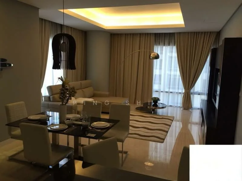 Living features: cream painted walls, marble flooring, tray ceiling with recessed lighting, floor-to-ceiling windows with sheer curtains, L-shape sectional sofa in light beige, decorative floor lamp, area rug with geometric pattern, wall-mounted TV, entertainment unit, coffee table, decorative plant in ceramic pot; style: modern. Dining features: glass dining table, 4 upholstered dining chairs, set of dinnerware on the table, decorative centerpiece, wall-mounted shelf, ambient lighting fixture; style: modern.