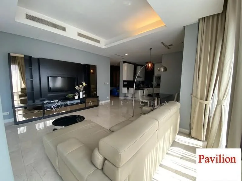 Living features: 3-seater leather sofa in light beige, black coffee table, wall-mounted TV, entertainment unit with dark wood finish, recessed downlights, floor-to-ceiling windows with sheer curtains, marble flooring, decorative wall paneling in black, pendant light fixture, area rug with geometric pattern; style: modern; view: city.