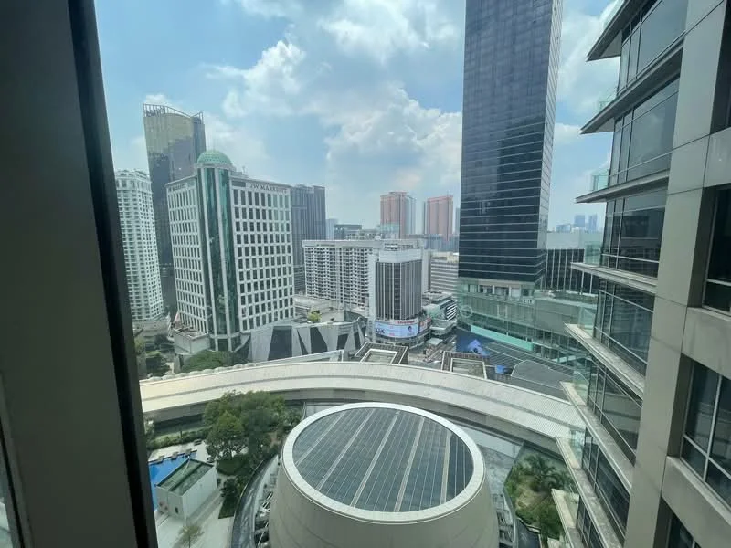 Exterior type: high-rise condominium; features: city skyline view, glass curtain wall, surrounded by modern buildings, visible rooftop garden, outdoor terrace, urban landscape, multiple high-rise structures, commercial buildings in vicinity; style: modern.