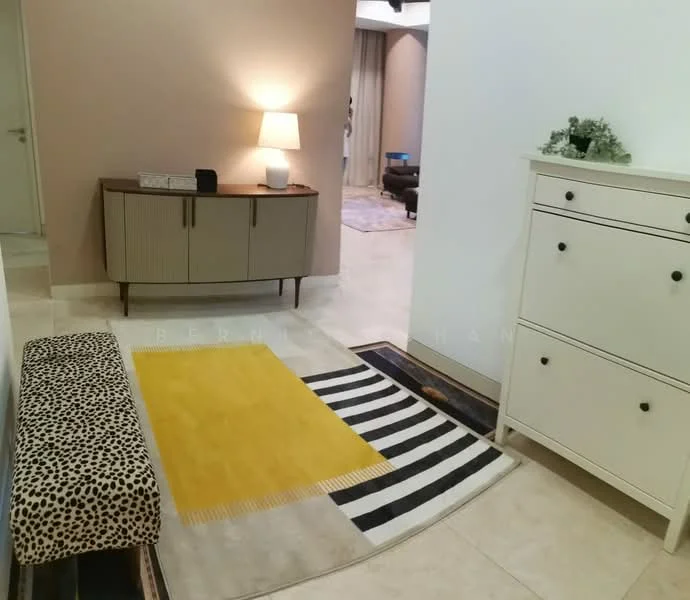 Room features: cream painted walls, light brown accent wall, tile flooring, console table with drawers, table lamp, bench with leopard print upholstery, area rug with geometric pattern, striped area rug, white cabinet with drawers; style: modern.