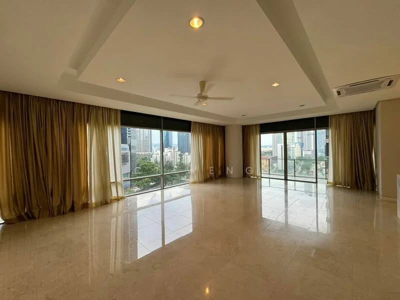 Living features: marble tile flooring, tray ceiling, 5-blade ceiling fan with light, floor-to-ceiling windows, sheer curtains, blackout curtains, recessed downlights, city view; style: modern; view: city.