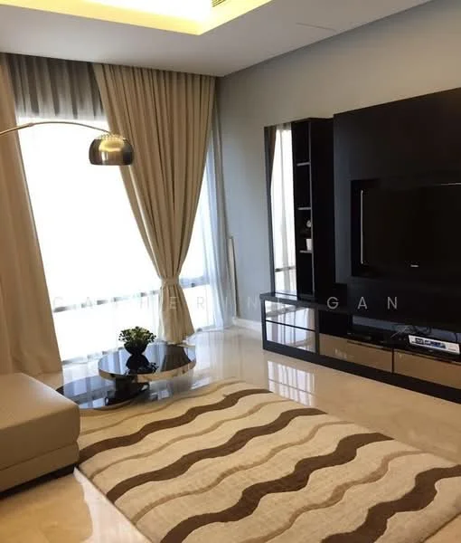 Living features: floor-to-ceiling windows, sheer curtains, cream painted walls, recessed downlights, chandelier, 3-seater fabric sofa in beige, coffee table with glass top, TV console with storage, wall-mounted TV, decorative mirror, area rug with wavy pattern, decorative plant in ceramic pot, built-in shelving unit; style: modern; view: city.