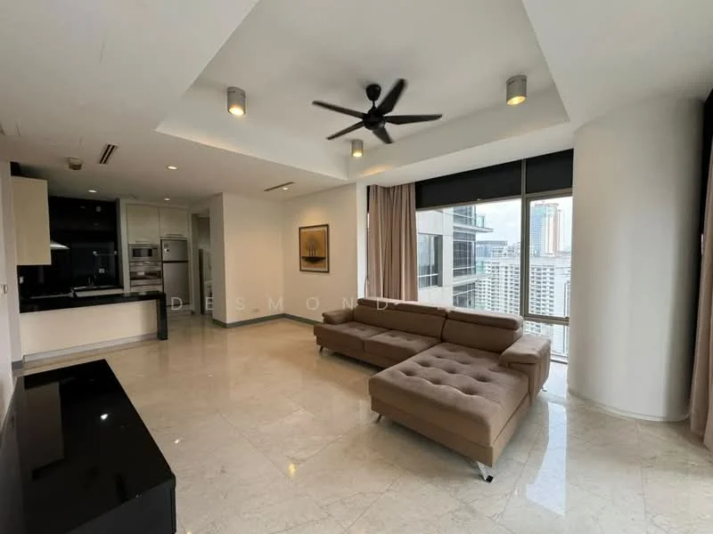 Living features: 3-seater fabric sofa in beige, coffee table, wall-mounted TV, marble tile flooring, recessed downlights, 5-blade ceiling fan, floor-to-ceiling windows, curtains, city view; style: modern; view: city.