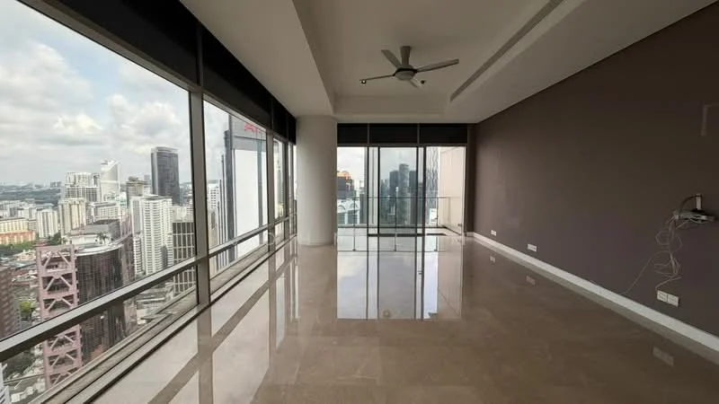 Living features: floor-to-ceiling windows, city view, marble flooring, 5-blade ceiling fan, neutral wall colour, open layout, no visible furniture, high ceilings; style: modern; view: city.