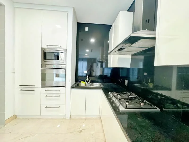 Kitchen features: white cabinetry, stainless-steel built-in oven, stainless-steel microwave, black granite countertop, stainless-steel gas hob, stainless-steel range hood, single-bowl stainless-steel sink, chrome pull-down faucet, black tiled backsplash, marble tile flooring, recessed downlights; style: modern.