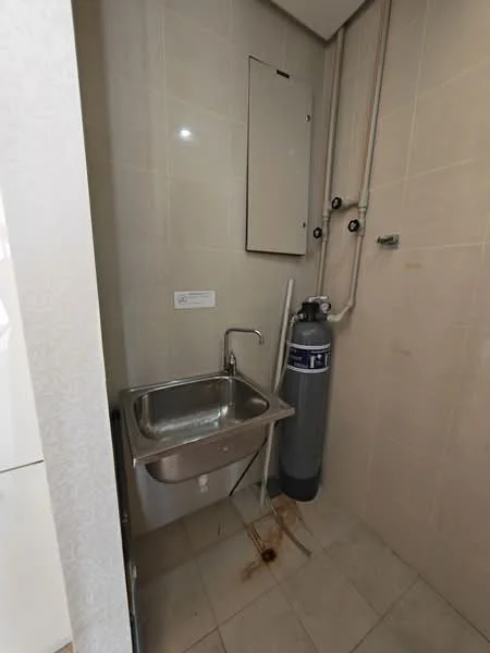 Laundry features: stainless-steel sink, wall-mounted faucet, grey tiled walls, cream tiled flooring, gas cylinder, plumbing fixtures, electrical panel, cleaning supplies storage.