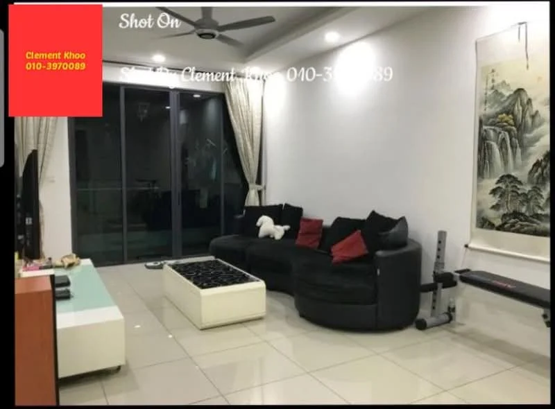 Living features: black sectional sofa, white coffee table, decorative wall art, floor-to-ceiling windows, curtains, ceiling fan, tile flooring, wall-mounted exercise equipment; style: modern.