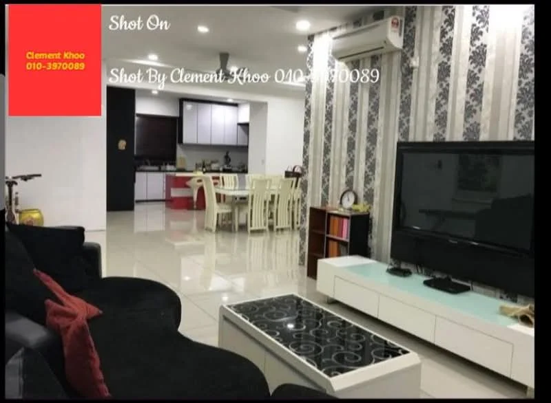 Living features: black fabric sofa, coffee table with decorative pattern, wall-mounted TV, white TV console, recessed downlights, cream tiled flooring, feature wallpaper with floral pattern, air conditioning unit, open layout to kitchen, dining area visible in background; style: modern.