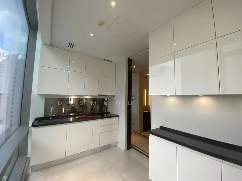 Kitchen features: white high-gloss cabinetry, black granite countertop, single-bowl stainless-steel sink, chrome pull-down faucet, built-in oven, stainless-steel range hood, ceramic tile flooring, recessed downlights, floor-to-ceiling windows, open shelving; style: modern; view: city.