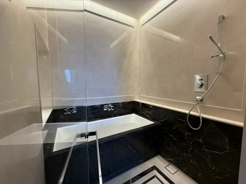 Bathroom features: walk-in shower with glass enclosure, rain shower head, handheld shower, freestanding bathtub, black marble flooring, white marble wall cladding, chrome wall-mounted faucet, chrome shower controls, tile cladding to ceiling, recessed lighting; style: modern.