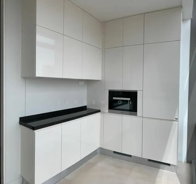 Kitchen features: white high-gloss cabinetry, black granite countertop, built-in oven, integrated microwave, flat-panel cabinet doors, minimalist design, light-colored tile flooring, natural light from windows; style: modern.