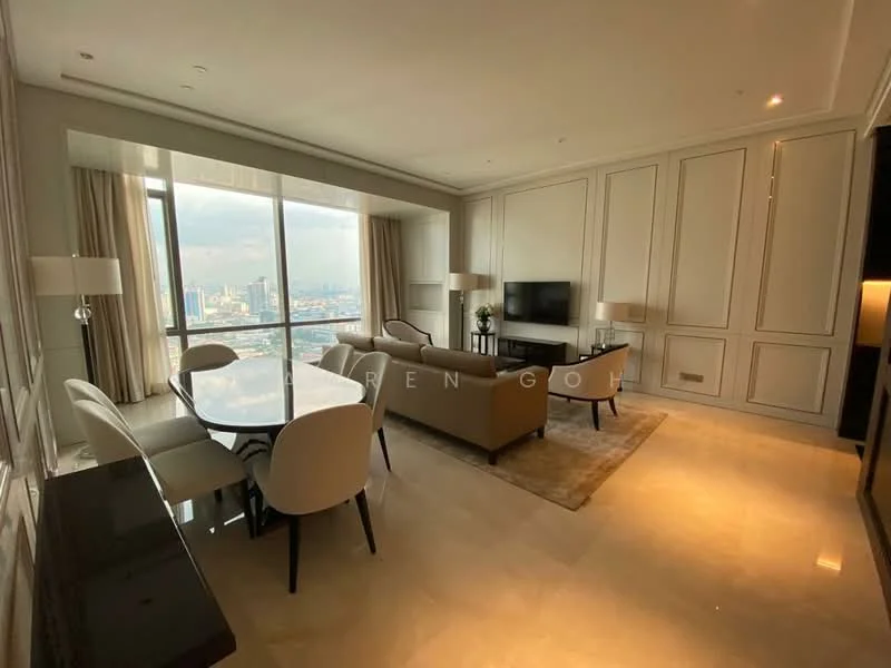 Living features: floor-to-ceiling windows, beige leather sofa, 3-seater sofa, coffee table, TV console, wall-mounted TV, area rug, recessed downlights, cream painted walls, marble flooring, dining table for 6, upholstered dining chairs, decorative wall paneling; style: modern; view: city.