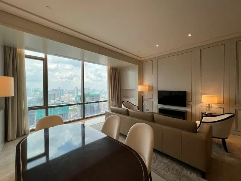 Living features: floor-to-ceiling windows, city skyline view, beige leather sofa, coffee table, wall-mounted TV, decorative wall paneling, recessed downlights, area rug, side table with lamp, dining table with upholstered chairs; style: modern.
