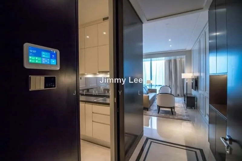 Room features: dark wood door, smart home control panel, cream cabinetry, black countertop, recessed downlights, floor-to-ceiling windows, light-colored curtains, marble flooring, decorative area rug; style: modern.