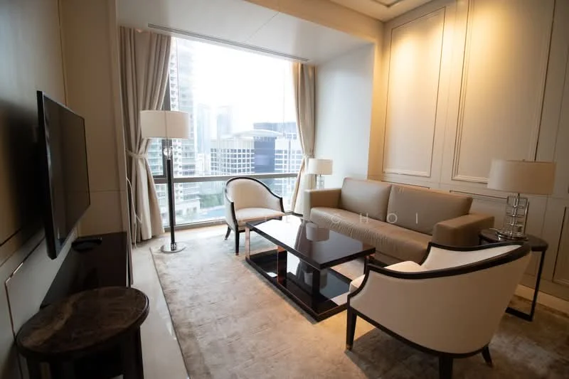 Living features: sofa in light beige fabric, 2 armchairs in white upholstery, coffee table with dark wood top, side table with marble top, floor-to-ceiling windows, curtains in light fabric, wall-mounted TV, carpet in neutral color, decorative wall paneling, recessed ceiling lights; style: modern; view: city.