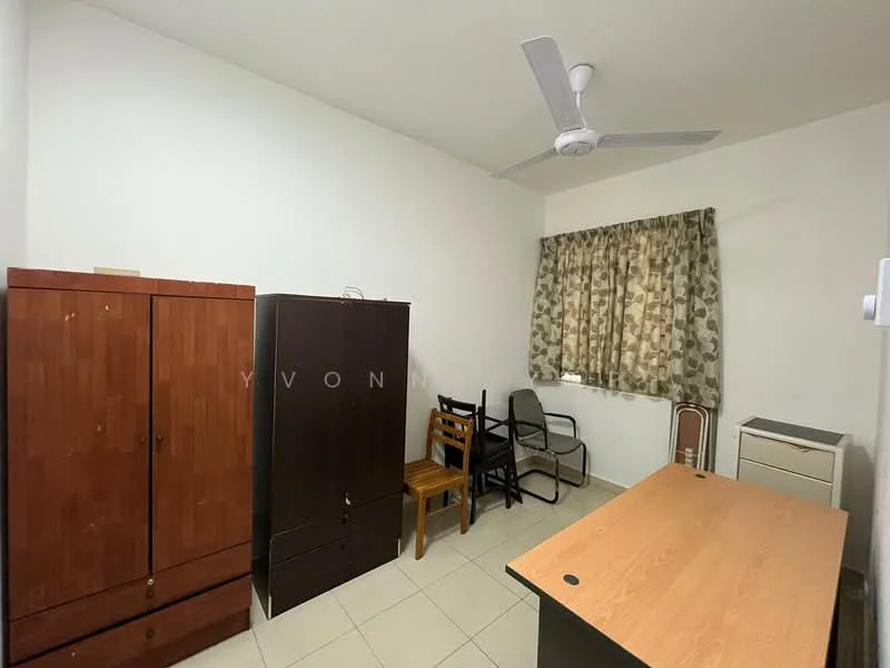 Room features: white painted walls, tiled flooring, ceiling fan, wooden wardrobe, black cabinet, wooden desk, plastic chair, metal chair, curtains with floral pattern.