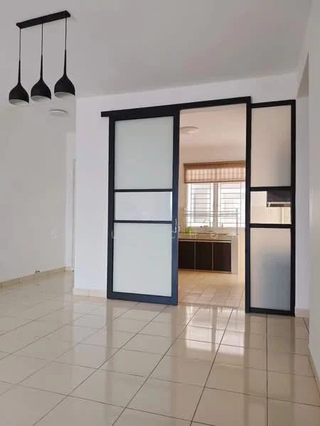 Room features: glossy beige tile flooring, white painted walls, sliding glass door with black frame, 3 pendant lights, large windows with blinds, kitchen area visible in background, open layout, neutral color scheme; style: modern.
