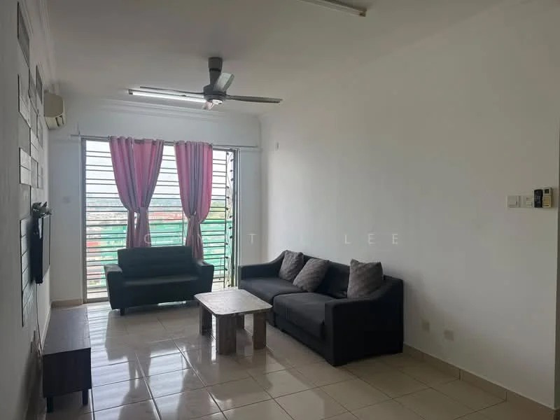 Living features: 3-seater fabric sofa in dark grey, 2-seater fabric sofa in dark grey, coffee table with a light wood finish, floor-to-ceiling windows, sheer curtains in pink, white painted walls, tile flooring, ceiling fan with light, wall-mounted TV, air conditioning unit; style: modern; view: city.