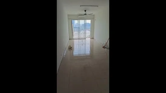 Living features: white painted walls, glossy ceramic tile flooring, 5-blade ceiling fan, floor-to-ceiling sliding glass door, city view, natural light from large window, neutral color scheme, minimalist decor; style: modern; view: city.