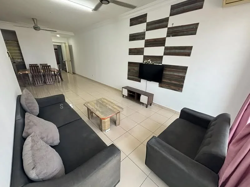 Living features: grey fabric 3-seater sofa, black fabric 2-seater sofa, wood coffee table, flat-screen TV mounted on wall, decorative wall with wooden panels, tile flooring, white painted walls, ceiling fan, curtains in light pink, dining area visible in background; style: modern.