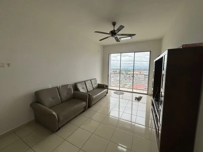 Living features: 2-seater leather sofa in beige, 3-blade ceiling fan, floor-to-ceiling windows, white painted walls, glossy ceramic tile flooring, TV console, wall-mounted TV, decorative items on TV console; style: modern; view: city.