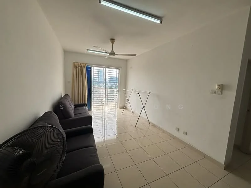 Living features: 3-seater fabric sofa in dark grey, floor-to-ceiling windows, white painted walls, glossy ceramic tile flooring, ceiling fan, curtains, clothes drying rack, LED ceiling lights; style: modern; view: city.