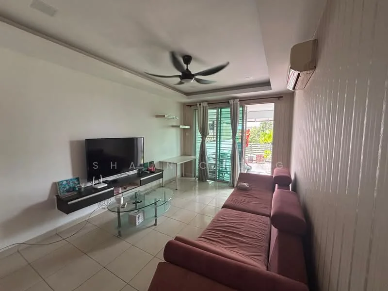 Living features: 3-seater fabric sofa in maroon, glass coffee table, wall-mounted TV, TV console, floor-to-ceiling windows, sliding glass door, curtains, ceiling fan, air conditioning unit, tile flooring, white painted walls, decorative wall paneling; style: modern; view: garden.