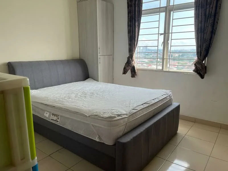 Bedroom features: queen-size bed, upholstered headboard, white mattress, grey fabric bed frame, floor-to-ceiling window, curtains, light-coloured walls, tile flooring, built-in wardrobe; style: modern; view: city.