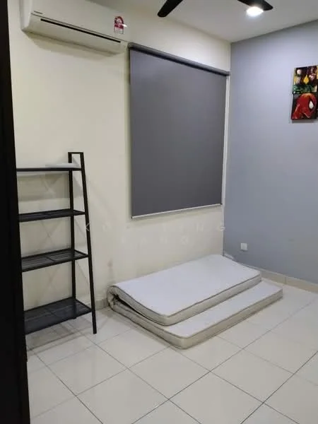 Room features: white painted walls, grey roller blinds, white tiled flooring, 1 wall-mounted split AC, ceiling fan, black metal shelving unit, mattress on the floor, decorative artwork on the wall, LED ceiling light; style: modern.