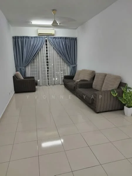 Living features: cream painted walls, white tiled flooring, 5-blade ceiling fan, floor-to-ceiling windows, sheer curtains, dark brown fabric sofa, light brown fabric sofa, indoor plant in ceramic pot; style: modern.