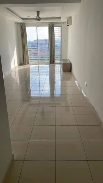 Living features: white painted walls, glossy ceramic tile flooring, tray ceiling, 5-blade ceiling fan, floor-to-ceiling windows, sheer curtains, sliding glass door, air conditioning unit, neutral color scheme, natural light from windows; style: modern; view: city.