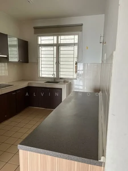 Kitchen features: dark wood cabinetry, light-colored countertop, single-bowl stainless-steel sink, chrome faucet, tile backsplash, ceramic tile flooring, large windows for natural light, open layout with breakfast bar; style: modern.