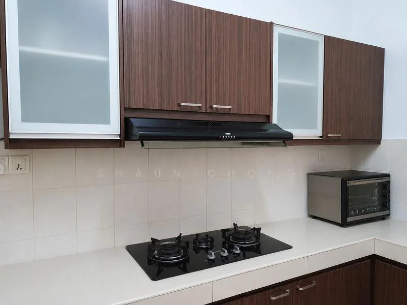 Kitchen features: brown wooden cabinetry, glass-front upper cabinets, black granite countertop, built-in gas hob with 2 burners, stainless-steel range hood, microwave, white tiled backsplash, white tiled walls; style: modern.