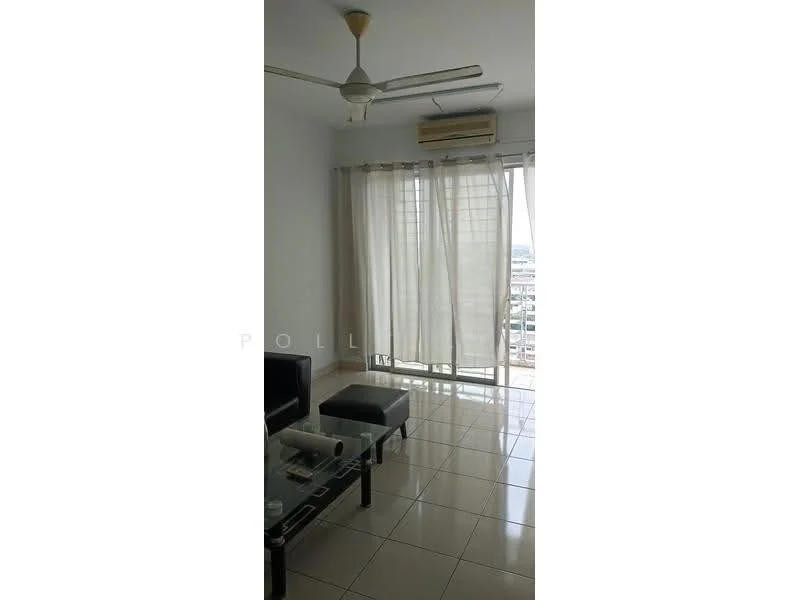 Living features: white painted walls, glossy ceramic tile flooring, 5-blade ceiling fan with light, floor-to-ceiling windows, sheer curtains, sliding glass door, coffee table, 2-seater leather sofa, air conditioning unit; style: modern; view: city.