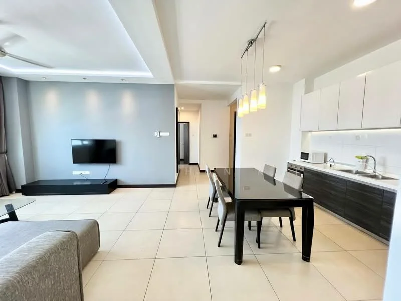 Living features: grey accent wall, white painted walls, recessed downlights, 5-blade ceiling fan, floor-to-ceiling windows, sliding glass door, TV console, wall-mounted TV, sofa in light grey fabric, dining table for 6, black dining chairs, kitchen cabinetry in dark wood, stainless-steel sink, built-in microwave, kettle; style: modern.