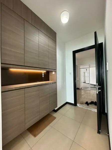 Room features: wood cabinetry with horizontal grain, light brown cabinetry, countertop with under-cabinet lighting, tile flooring, white walls, black door frame, recessed ceiling light, open doorway, floor mat at entrance; style: modern.
