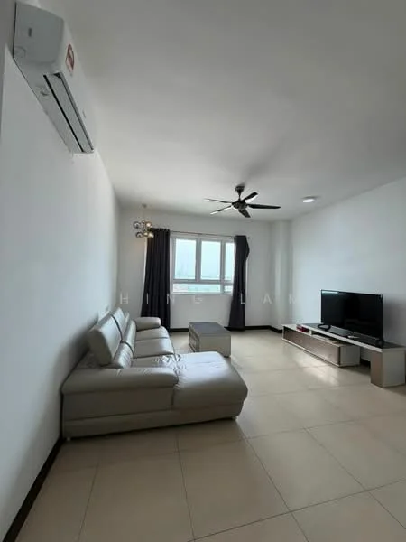 Living features: 3-seater leather sofa in light grey, coffee table, wall-mounted TV, TV console, 5-blade ceiling fan with light, recessed downlights, floor-to-ceiling windows, blackout curtains, cream tiled flooring, white painted walls, air conditioning unit; style: modern; view: city.