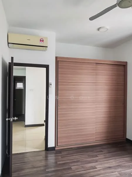 Room features: wooden flooring, white painted walls, sliding door wardrobe with wood finish, 1 wall-mounted split AC, ceiling light, door leading to another room, neutral color scheme, no visible furniture; style: modern.