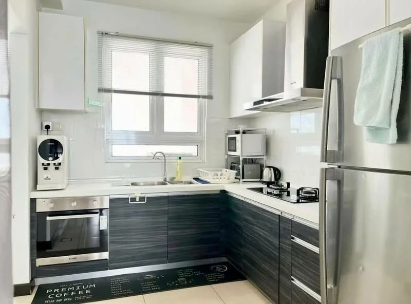 Kitchen features: white cabinetry, dark wood lower cabinets, stainless-steel refrigerator, built-in oven, 4-burner gas hob, stainless-steel range hood, single-bowl stainless-steel sink, chrome pull-down faucet, microwave, coffee machine, tile backsplash, countertop with space for appliances, window with blinds, light-colored tile flooring, premium coffee mat; style: modern.