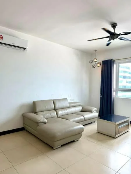 Living features: L-shape sectional sofa in beige leather, coffee table, floor-to-ceiling window, blue curtains, 5-blade ceiling fan with light, wall-mounted split AC, cream painted walls, tile flooring; style: modern; view: city.