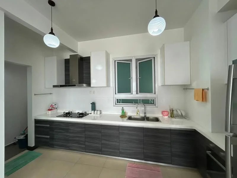 Kitchen features: white countertop, black and grey cabinetry, stainless-steel sink, chrome pull-down faucet, 4-burner gas hob, built-in oven, refrigerator, window with green accents, pendant lighting, tile flooring, dish drying rack, kitchen towels; style: modern.