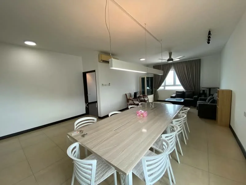Dining features: long wooden dining table, 12 white plastic dining chairs, pendant light fixture, recessed ceiling lights, cream painted walls, tile flooring, air conditioning unit, large window with sheer curtains; style: modern. Living features: black fabric sofa, two armchairs, coffee table, television unit, large window, curtains, tile flooring; style: modern.
