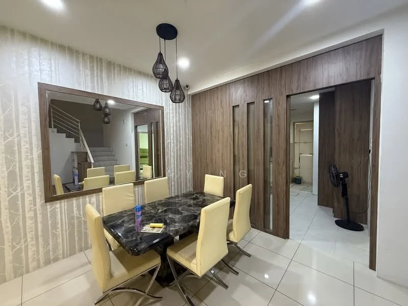 Dining features: black marble dining table, 6 upholstered dining chairs in cream, decorative mirror on wall, wooden feature wall, recessed ceiling lights, hanging pendant lights, glossy white tiled flooring, open doorway to adjacent room; style: modern. Room features: wooden sliding doors, fan.